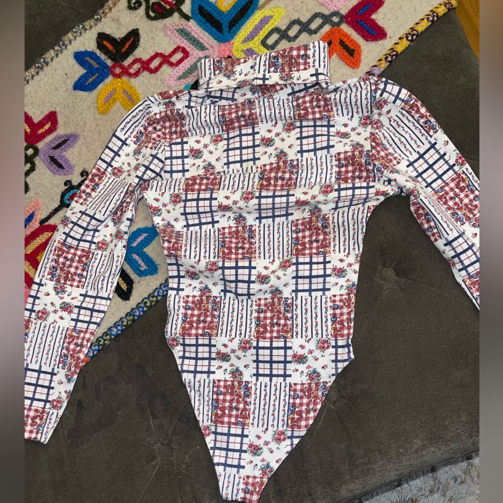 Vintage Floral Plaid High-Neck Bodysuit - Picture 2 of 4